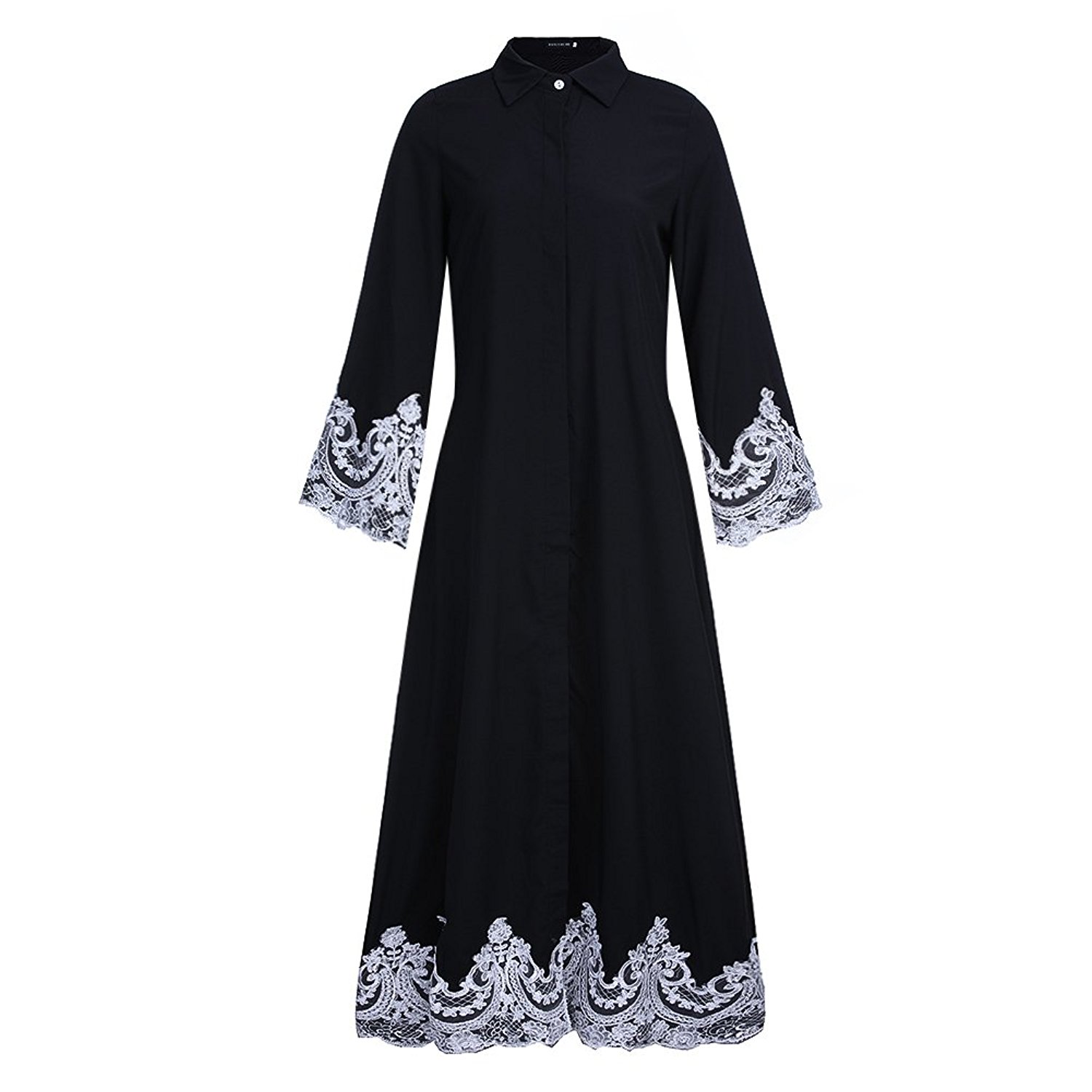 Fancyqube Womens Elegant Muslim Kaftan Dubai Islamic Abayas Long Sleeve A Line Maxi Dress