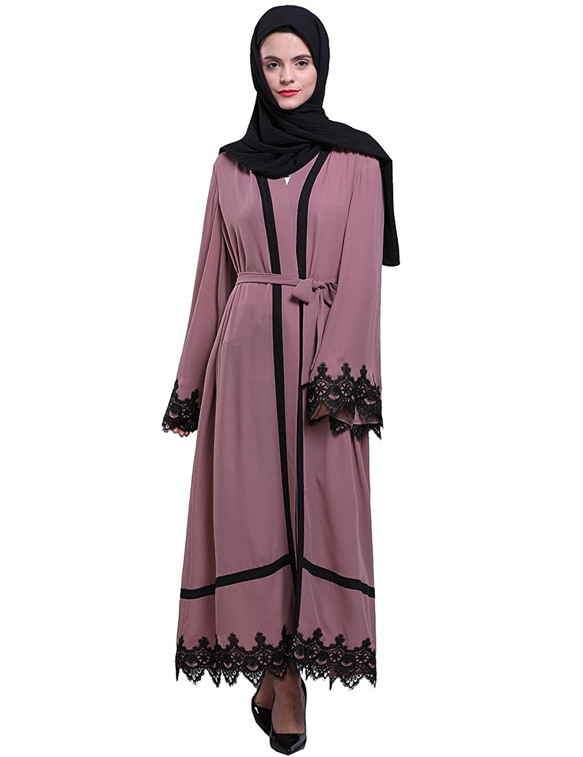 Fancyqube Womens Elegant Muslim Kaftan Dubai Islamic Abayas Long Sleeve A Line Maxi Dress 7556