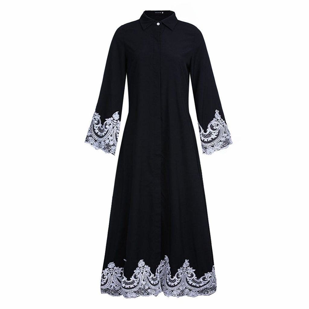 Fancyqube Womens Elegant Muslim Kaftan Dubai Islamic Abayas Long Sleeve A Line Maxi Dress 7033